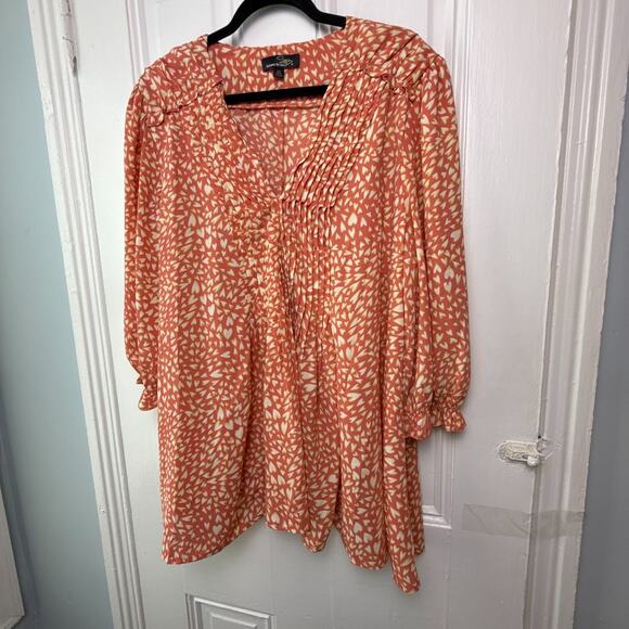 Suzanne Betro Top Women 2X Orange Pleated Hearts Print Tunic Blouse Valentines - Picture 1 of 9